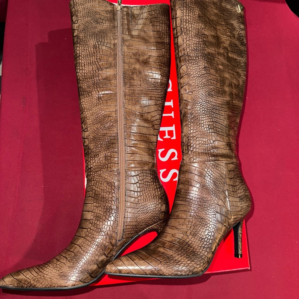 Guess Brown Croc-Pattern Heeled Boots
